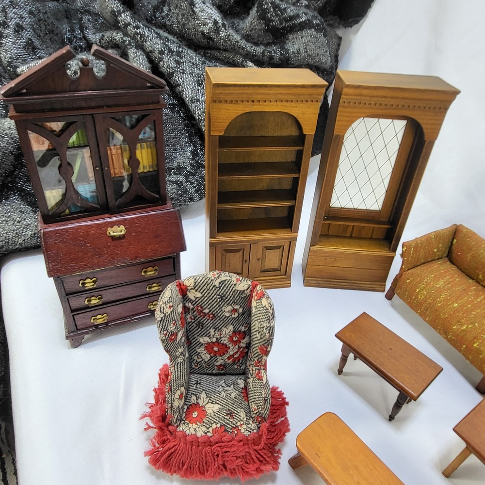 Large Lot VTG Dollhouse Furniture Wooden Miniature Sofa Chairs Fireplace Cradle - Picture 5 of 16